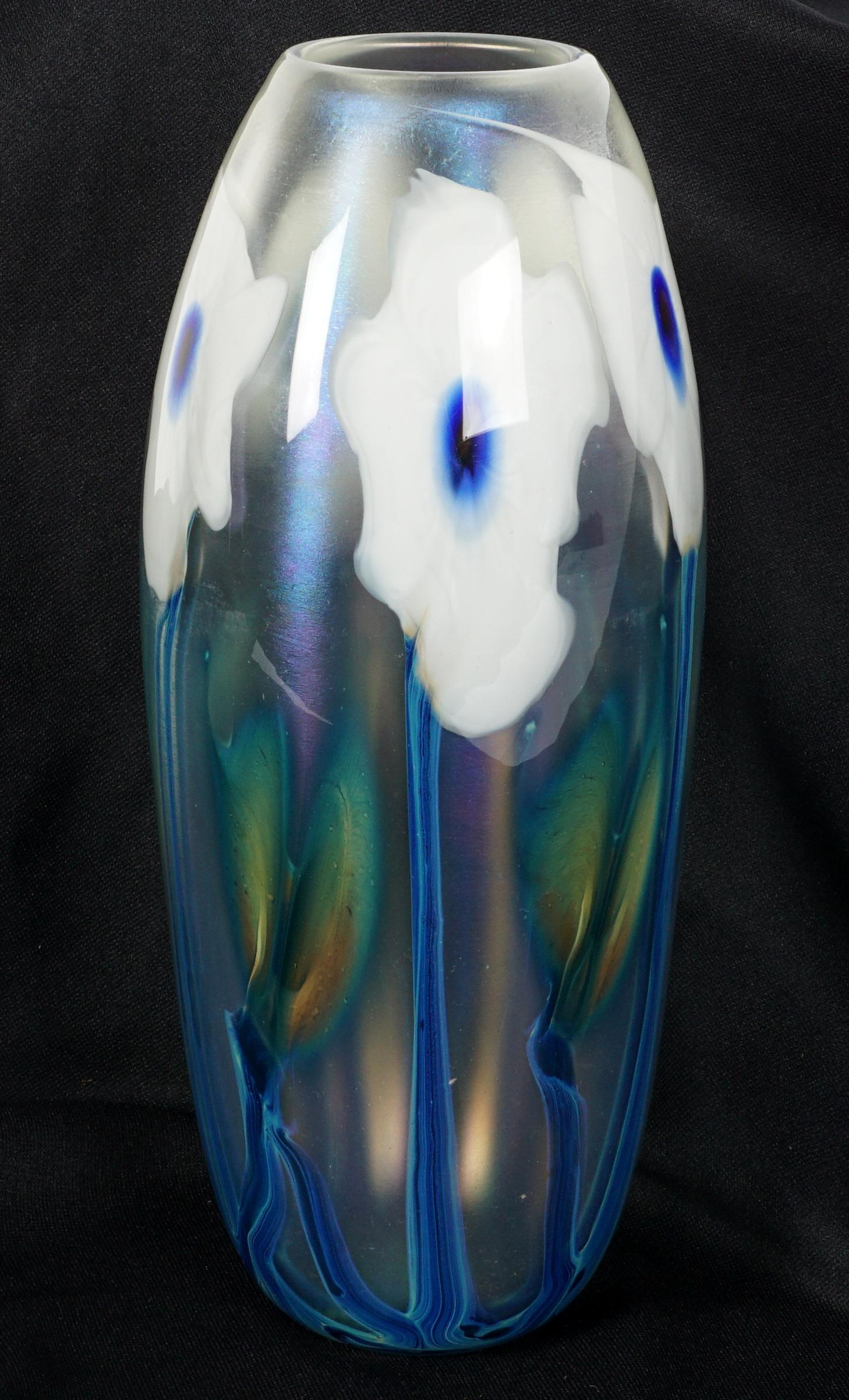 1986 Charles Lotton Multi Flora Vase: Ovoid vase, frosted clear ground, white flowers on stems, signed on base Charles Lotton 1986, 10.5" h. x 4.5".