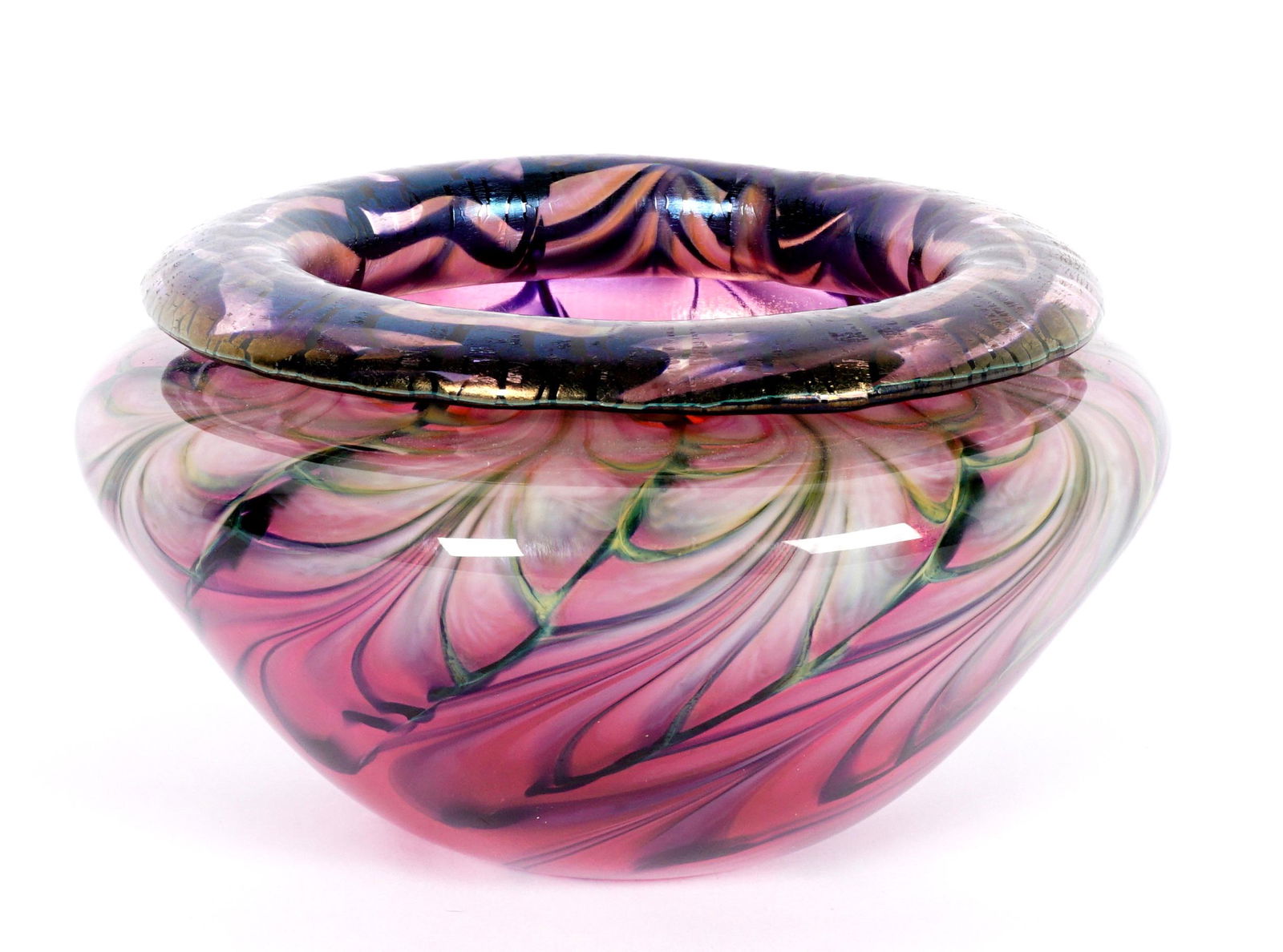 1988 Daniel Lotton Fern Art Glass Vase: Squat form vase, "Fern" pulled feather pattern, signed on base 1988 Daniel Lotton Fern, 4.5" h. x 8.5".