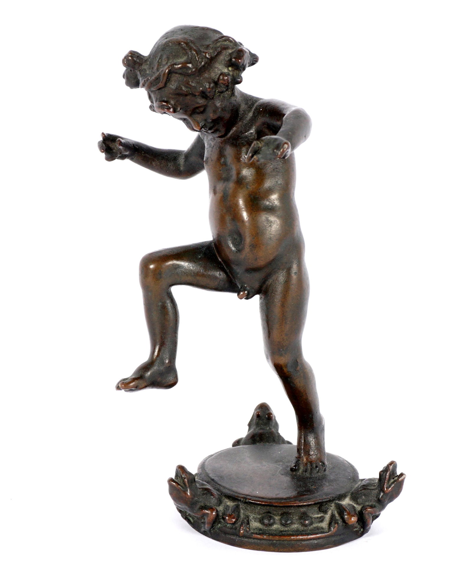 Janet Scudder Frog Baby Roman Bronze Works Bronze: SCUDDER, Janet, (American, 1869-1940): "Frog Baby" figure of a nude boy atop base with three figural frog head, rare Roman Bronze Works edition, signed on base Janet Scudder,, foundry marks on side of