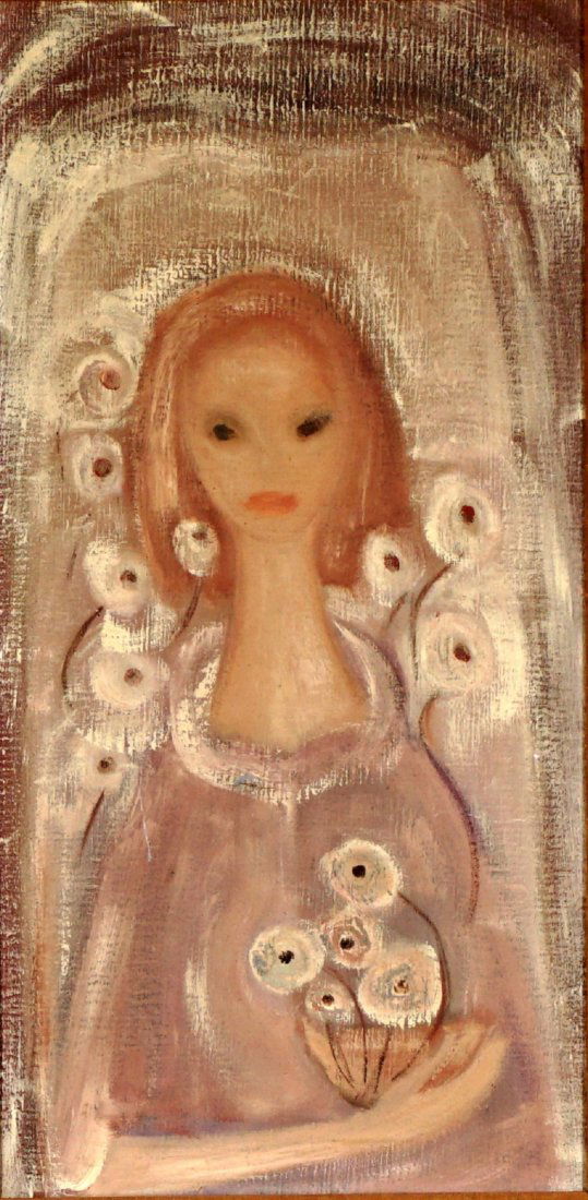Attrib. Gloria Vanderbilt Portrait of a Woman: Attributed VANDERBILT, Gloria, (American, 1924-2019): Portrait of a woman with flowers, Oil/Canvas, no visible signature, 30.25" x 15.25, Hendrendyk carved wood frame 38" x 23". Condition: Craquelure