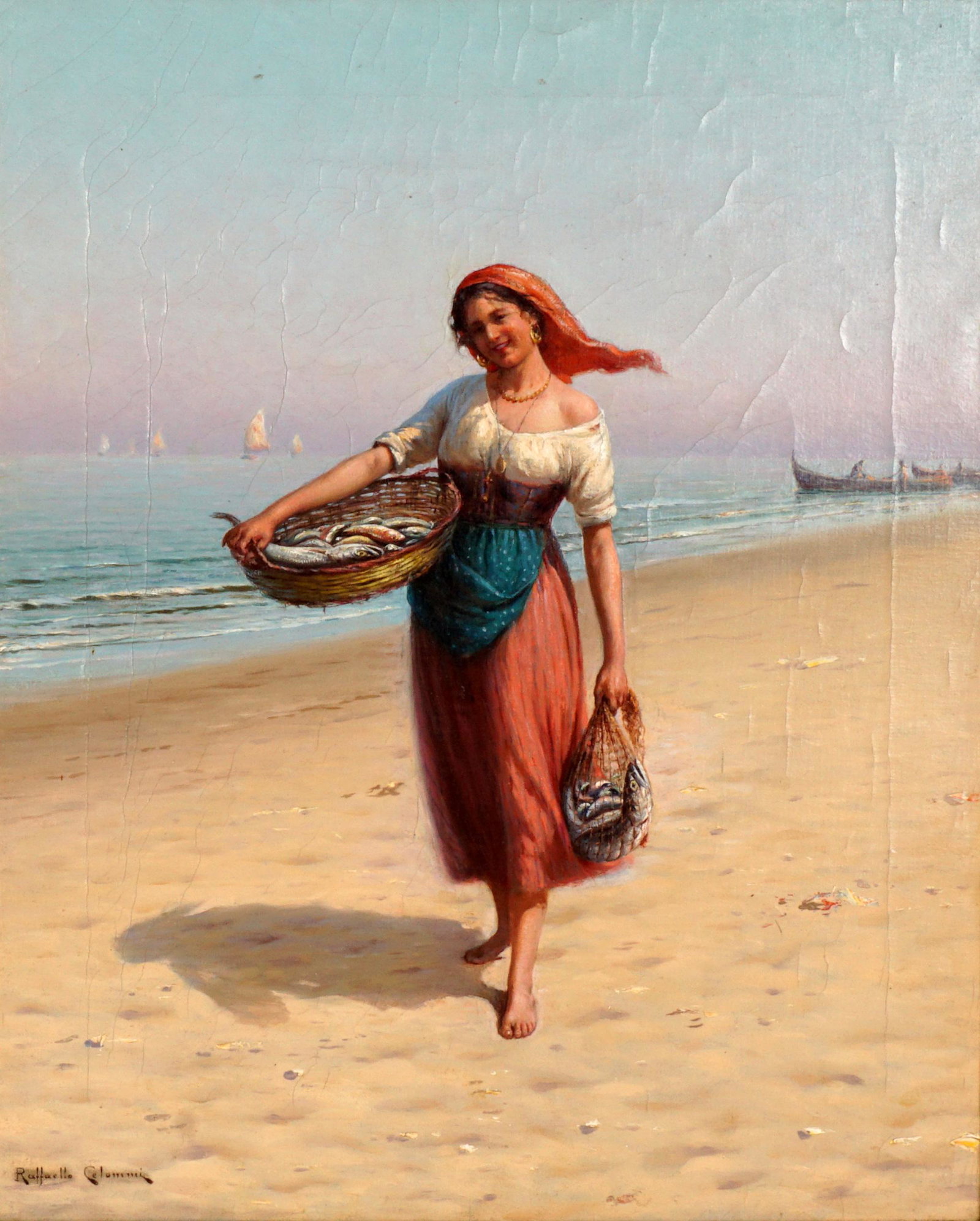 Rockefeller Estate Raffaello Celommi Fishmonger: CELOMMI, Raffaello, (Italian, 1881-1957): Figure of a girl on beach with basket and net full of fish, Oil/Canvas, signed lower left, 19" x 15.25", gilt frame 21" x 17.5". Condition: Stretcher wear, cr