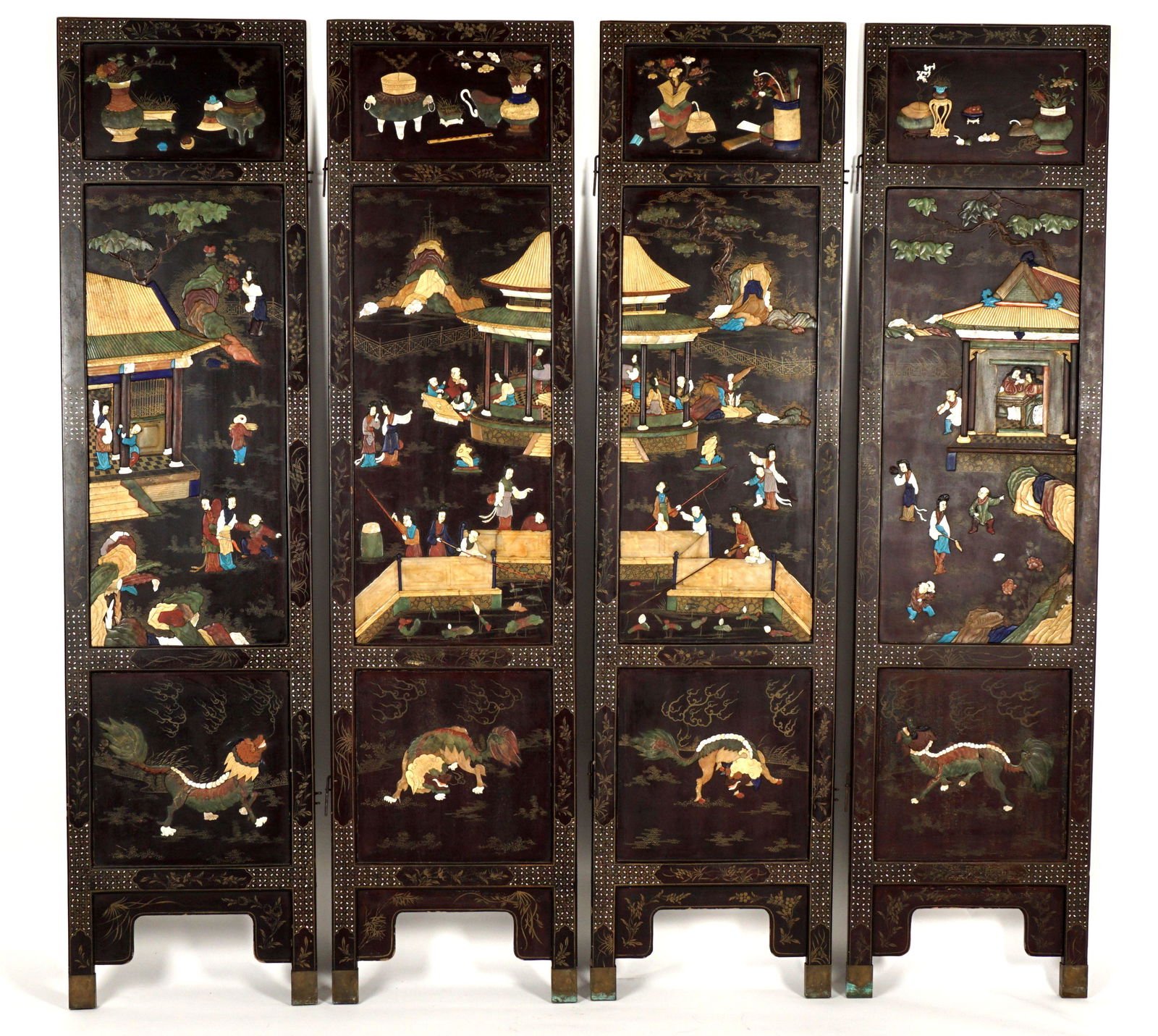 Chinese Four Panel Stone Inlaid Coromandel Screen: Each panel decorated with multi stone inlay outdoor genre scenes and household items, stones to include jade, lapis, carnelian, and more. Chinoiserie decorated frame and back, each panel 74" h. x 18.5