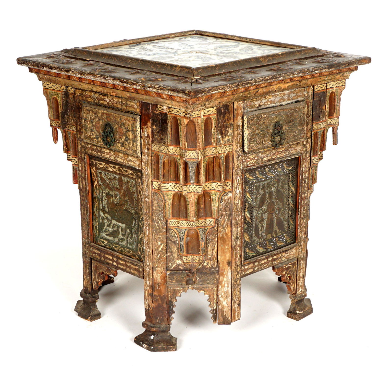 Persian Paint Decorated Islamic Tile Top Table: 18th/19th Century middle eastern table, possibly ancient inset Islamic tile top framed with carved wood border. Polychrome paint decorated base with architectural accents at corners. Single drawer on