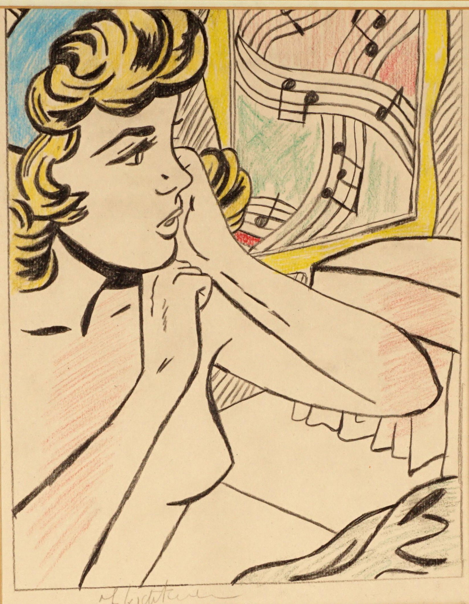 After Lichtenstein Study Nude with Joyous Painting: after LICHTENSTEIN, Roy, (American, 1923-1997): Study for "Nude with Joyous Painting", Colored Pencil/Paper, signed lower left, Leo Castelli label and stamp on back of dust cover, 14" x 10.75", framed