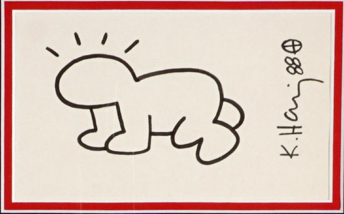 After Keith Haring Crawling Baby Drawing: after HARING, Keith, (American, 1958-1990): Untitled crying baby, Black Marker/Paper, signed and dated 88, De Vuyst label verso, sight size 3.25" x 5.75", framed 9.75" x 12". Sold with Certificate of