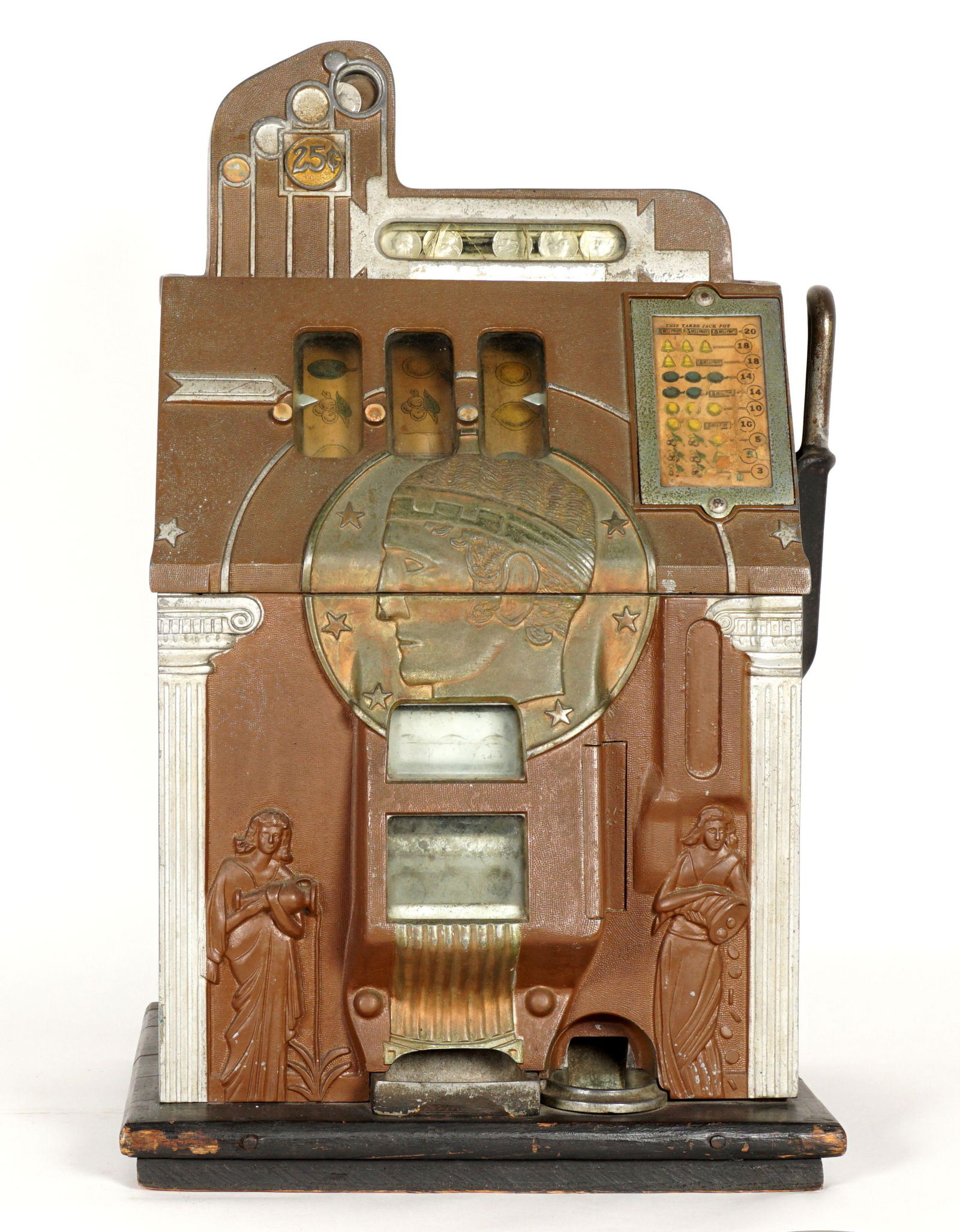 Rockefeller Estate25 Cent Mills Roman Head Slot Machine: All original, circa 1930's Mills Novelty Co. production. In need of conservation and restoration inside and out. Overall measures 25.5" h. x 16" x 15.25". Condition: Frozen, in need of restoration. Fr