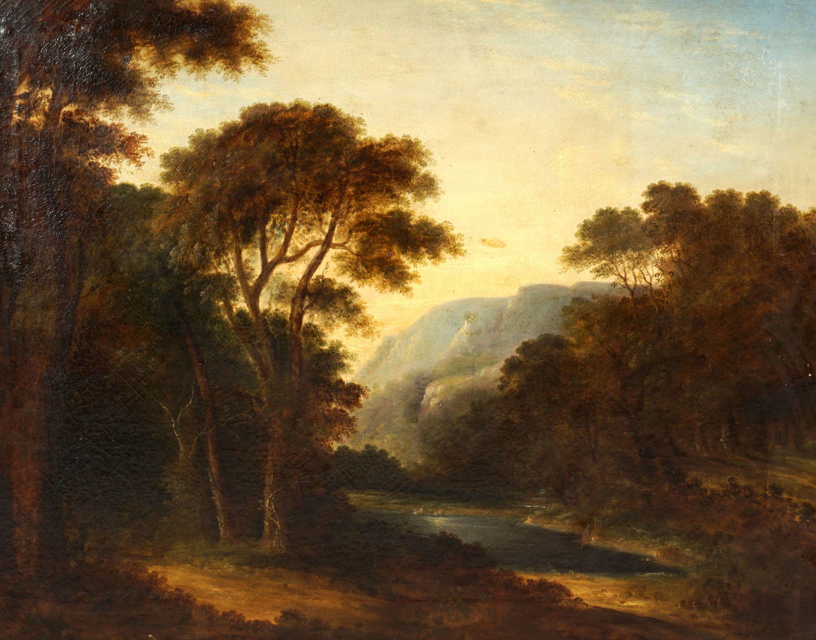 19th Century Irish School Landscape Painting: Idyllic landscape with lake and mountains, Oil/Canvas, no visible signature, 28.75" h. x 36.25", Bregazzi & Sons, Dublin, carved wood and gesso frame. Condition: Several small repairs, inpaint, craque