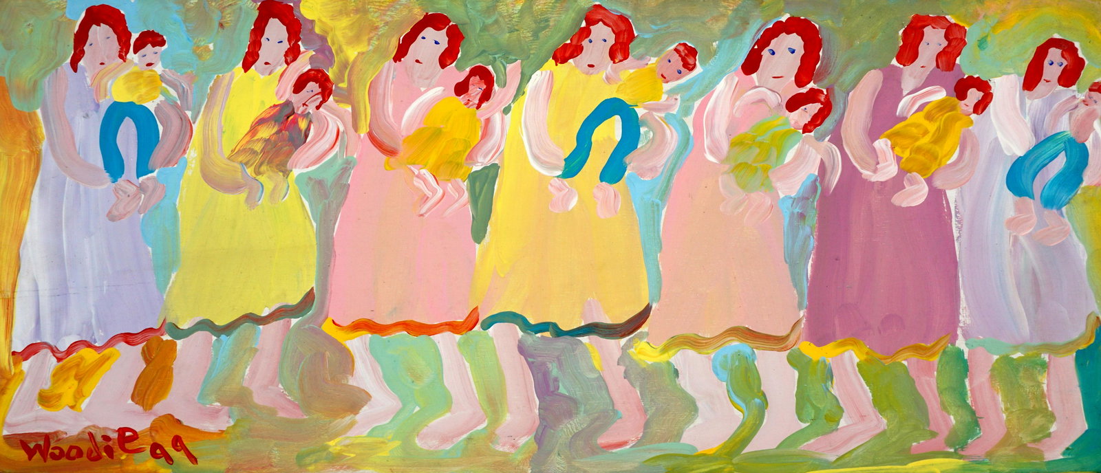 Woodie Long Seven Women with Children Folk Art: LONG, Woodie, (American, 1942-2009): Seven women, each holding a child, Oil/Wood Panel, signed lower left and dated 1999, 10.75" h. x 25.25", unframed.