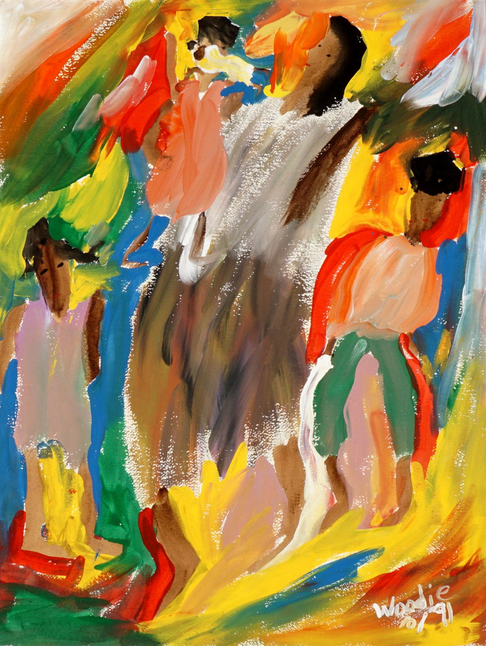 Woodie Long Folk Art Painting: LONG, Woodie, (American, 1942-2009): Vibrant figures, Gouache/Paper, signed and dates '91 lower right, 24" x 18".