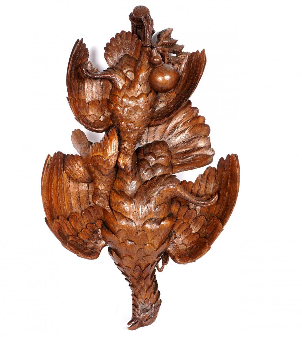 Large Black Forest Carved Game Bird Wall Plaque: 19th Century, three carved hanging game birds, no visible signature or markings, overall 29" h. x 17" x 6". Condition: Repair to beak and one leg.