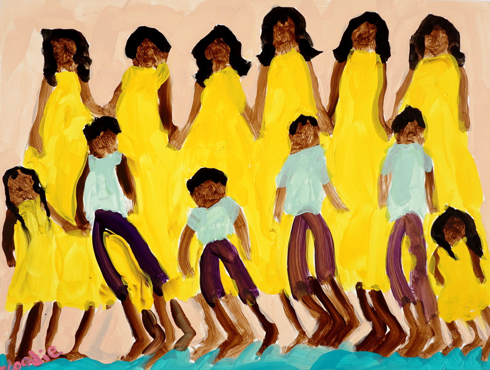 Woodie Long Women in Yellow Boys in Blue Folk Art: LONG, Woodie, (American, 1942-2009): Twelve figures, women in yellow, boys in blue, signed lower left, 16.75" x 22.5".