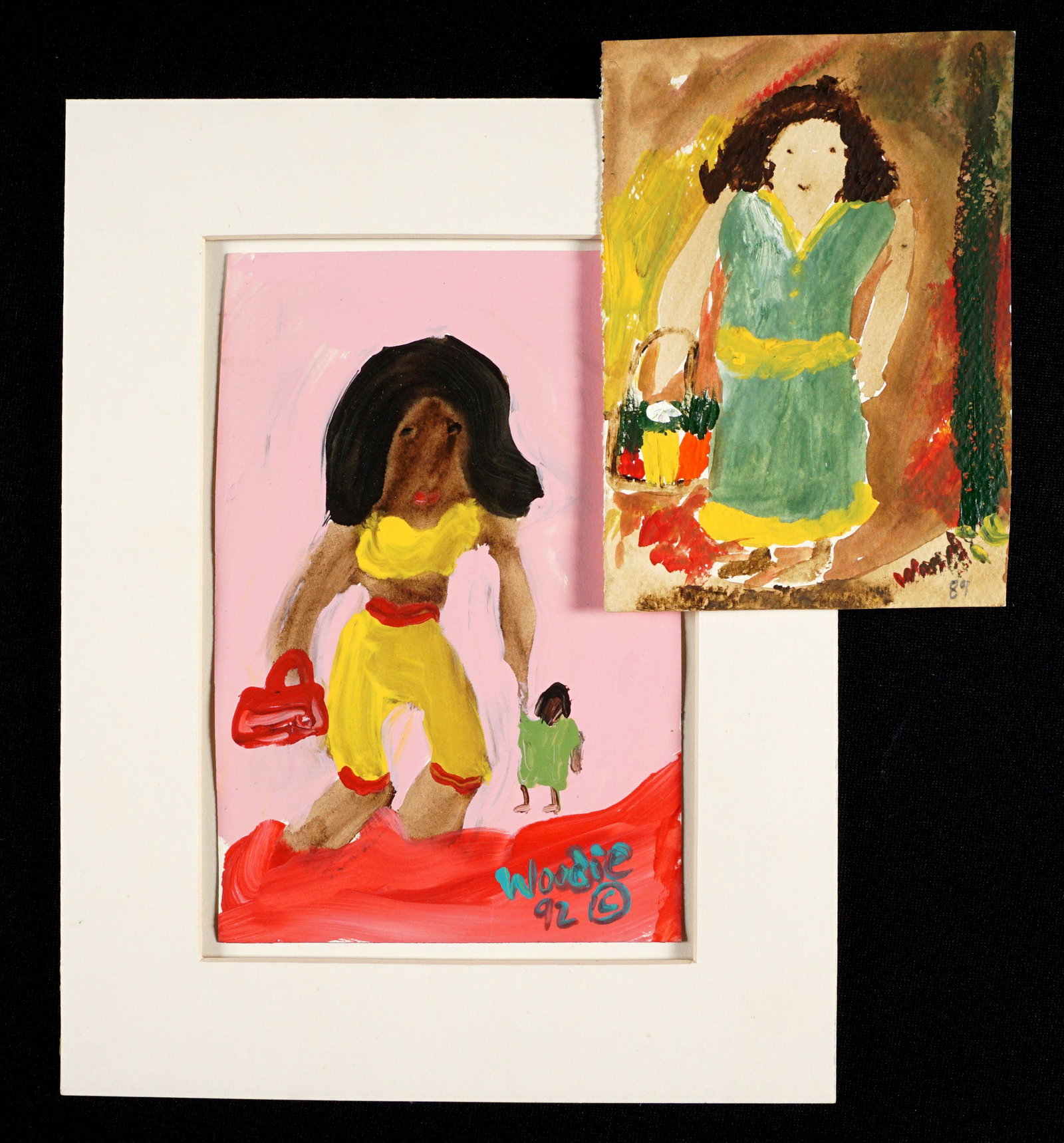 Two Woodie Long Folk Art Portraits: LONG, Woodie, (American, 1942-2009): Tow pieces total to include 1) Woman with purse and child, Acrylic/Paper, signed and dated '92 lower right, 9" x 6", matted 13" x 10". 2) Woman holding purse, Wate