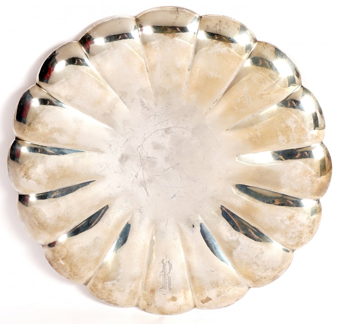 Rockefeller Estate Webb C. Ball Sterling Silver Tray: Floriform sterling tray in the Queen Anne pattern by The Webb C. Ball Co., well marked on base, overall measures 1.5" h. x 12.25", approx. 32.7 troy oz. From the Elisabeth Rockefeller Bowler Estate, g