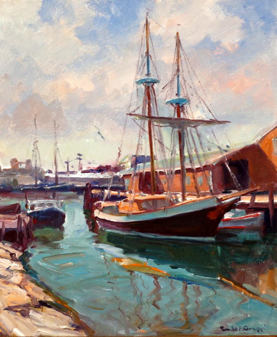 Emile Gruppe Brigantine at Dock Painting: GRUPPE, Emile A., (American, 1896-1978): "Brigantine at Dock", Oil/Canvas, signed lower right, titled and signed verso on stretcher, 24 "x 20", framed 30" x 26". Sold with the original receipt from Gr