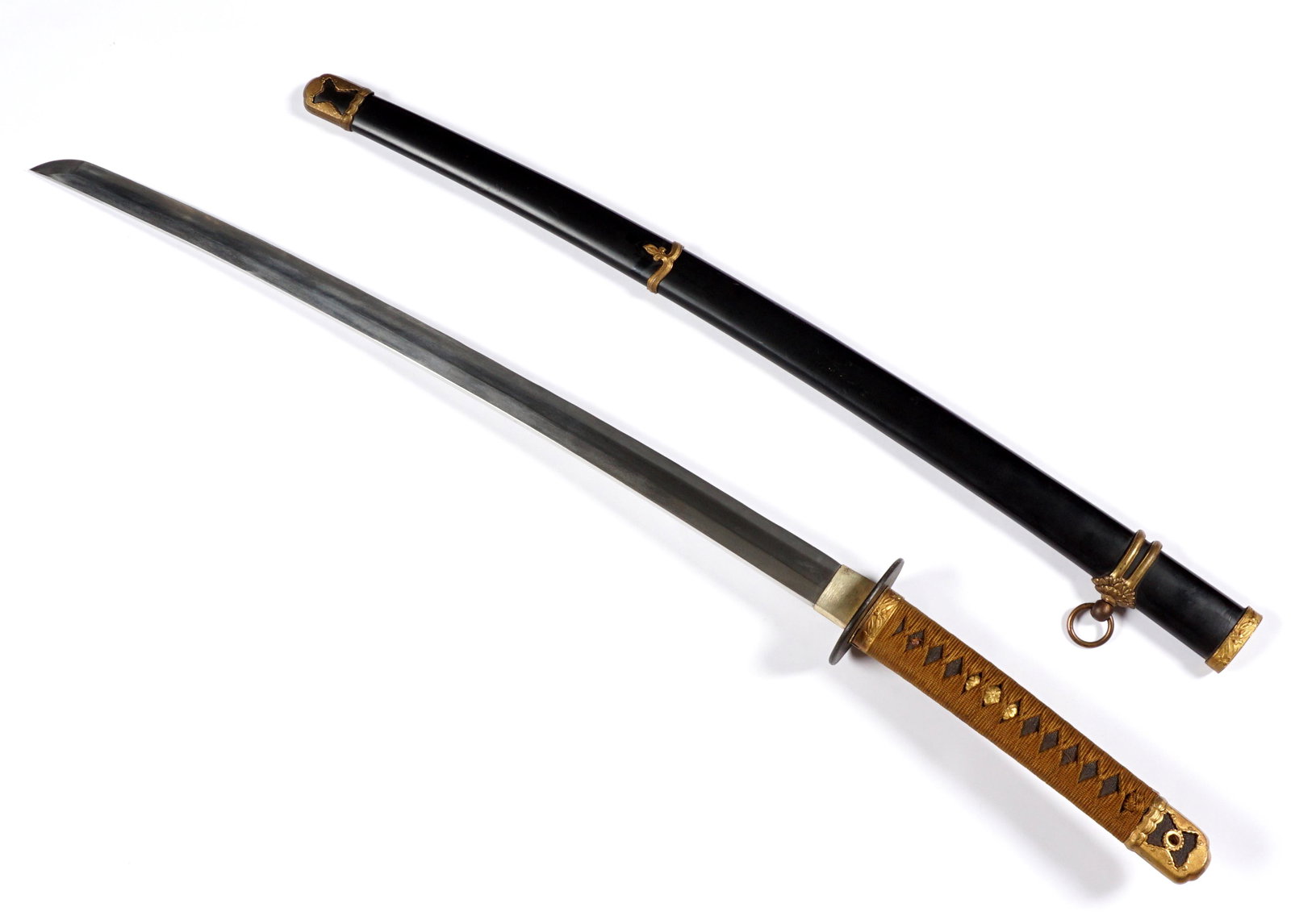 Toyokawa Marked Kai Gunto Naval Officers Sword: WWII era Japanese naval officers sword, tang bearing the Toyokawa Arsenal mark, 25" blade including the collar. Lacquered wood saya, overall 37.5" long. Condition: Chip repairs to blade.