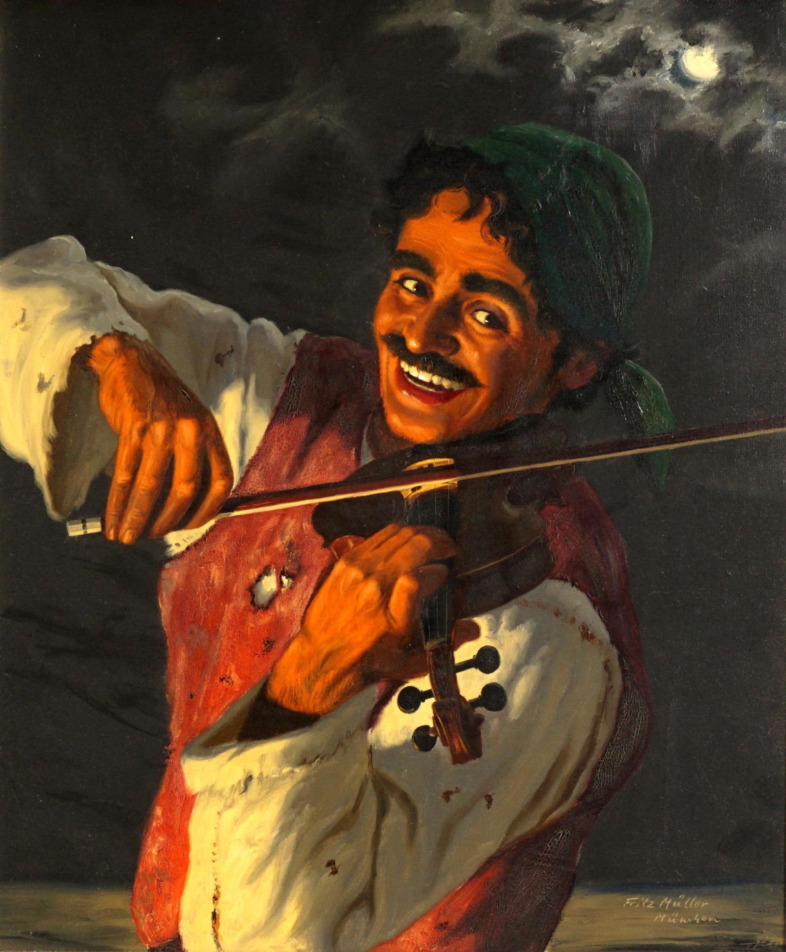 Fritz Muller Gypsy with Violin Painting: MULLER, Fritz, (German, 1913-1972): Portrait of a gypsy man playing a violin in the moonlight, 24" x 20", framed 28" x 24".