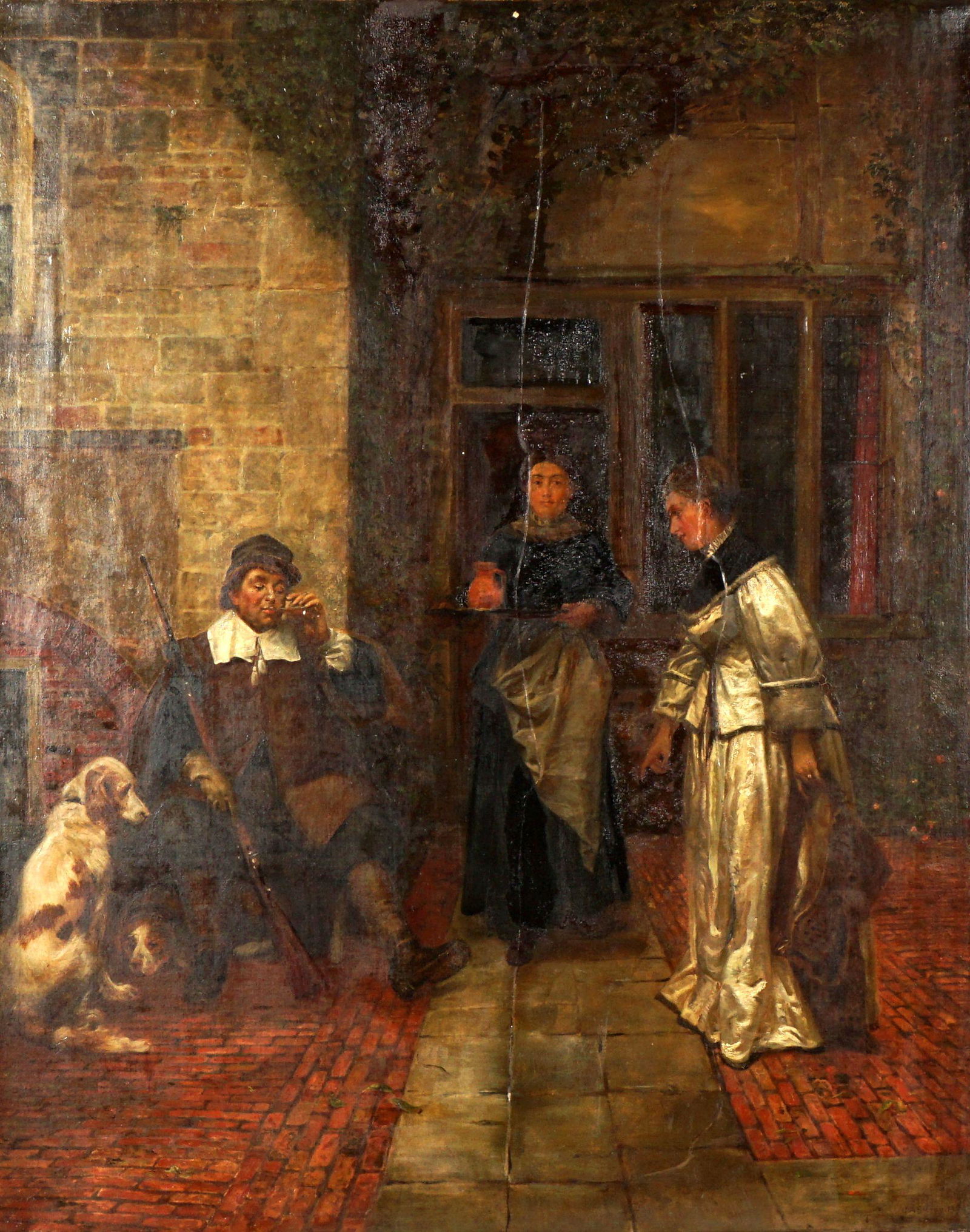 Large George Adolphus Storey Courtyard Painting: STORY, George Adolphus, (English, 1834-1919): English courtyard scene of hunter with his dogs and two women, Oil/Canvas, signed and dated 1870 lower right, 44" x 35, framed 52" x 43". Condition: Repai