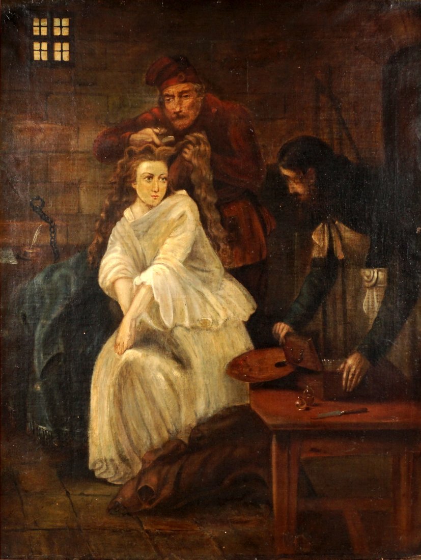 Large Painted of Woman Preparing for Guillotine: Large interior genre scene of a woman in prison getting her hair cut in preparation of the guillotine or the gallows, doctor with potions in attendance, Oil/Canvas, no visible signature, 34.25" x 26..
