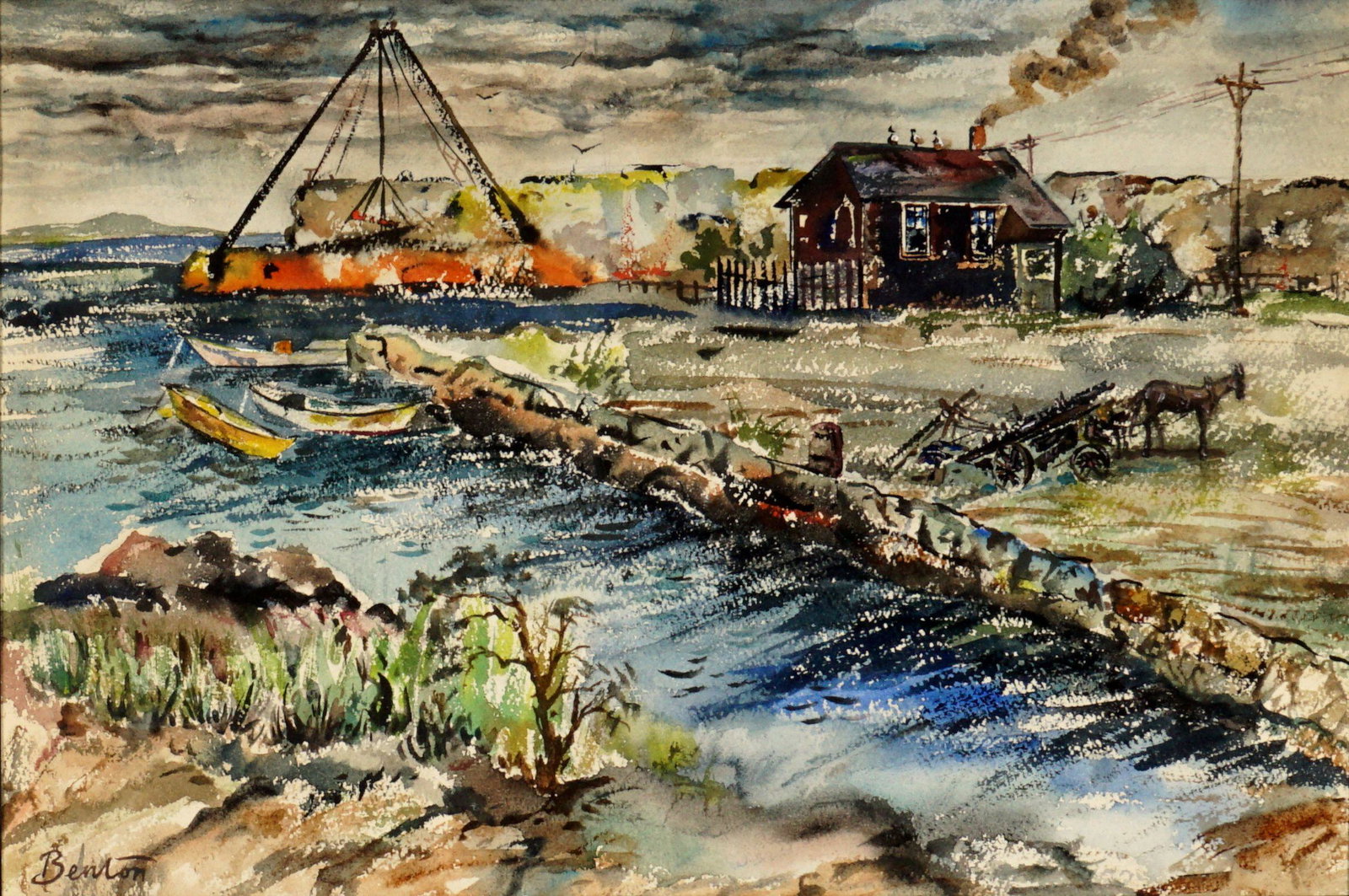 Attrib. Thomas Hart Benton Coastal Town Watercolor: attrib. BENTON, Thomas Hart, (American, 1889-1975): Untitled coastal scene with house, horse and cart, and boats, Watercolor/Paper, signed Benton lower left,14.75" x 21.5", framed 19.5" x 27". Conditi