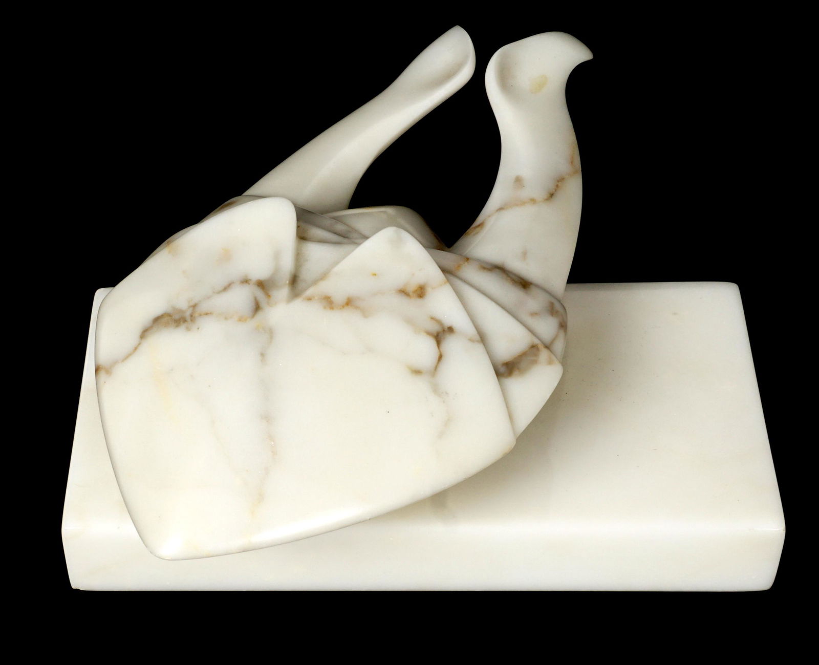 Abstract Sea Creature Carved Marble Sculpture: Rotating stylized figural sea creature on rectangular marble base, signed CL 81-5. Overall measures 5" x 13" x 7.25". Condition: Minor fleabites.