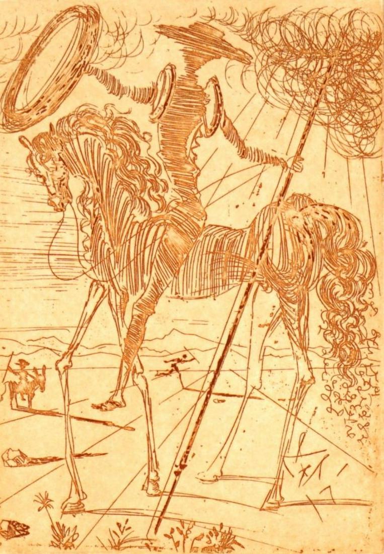 After Salvador Dali Don Quixote Etching: after DALI, Salvador, (Spanish, 1904-1989): Don Quixote", Etching/Paper, singed in the plate, image size 6.75" x 4.5", framed 19" x 17". Sold with Certificate of Authenticity from Park West Galleries.