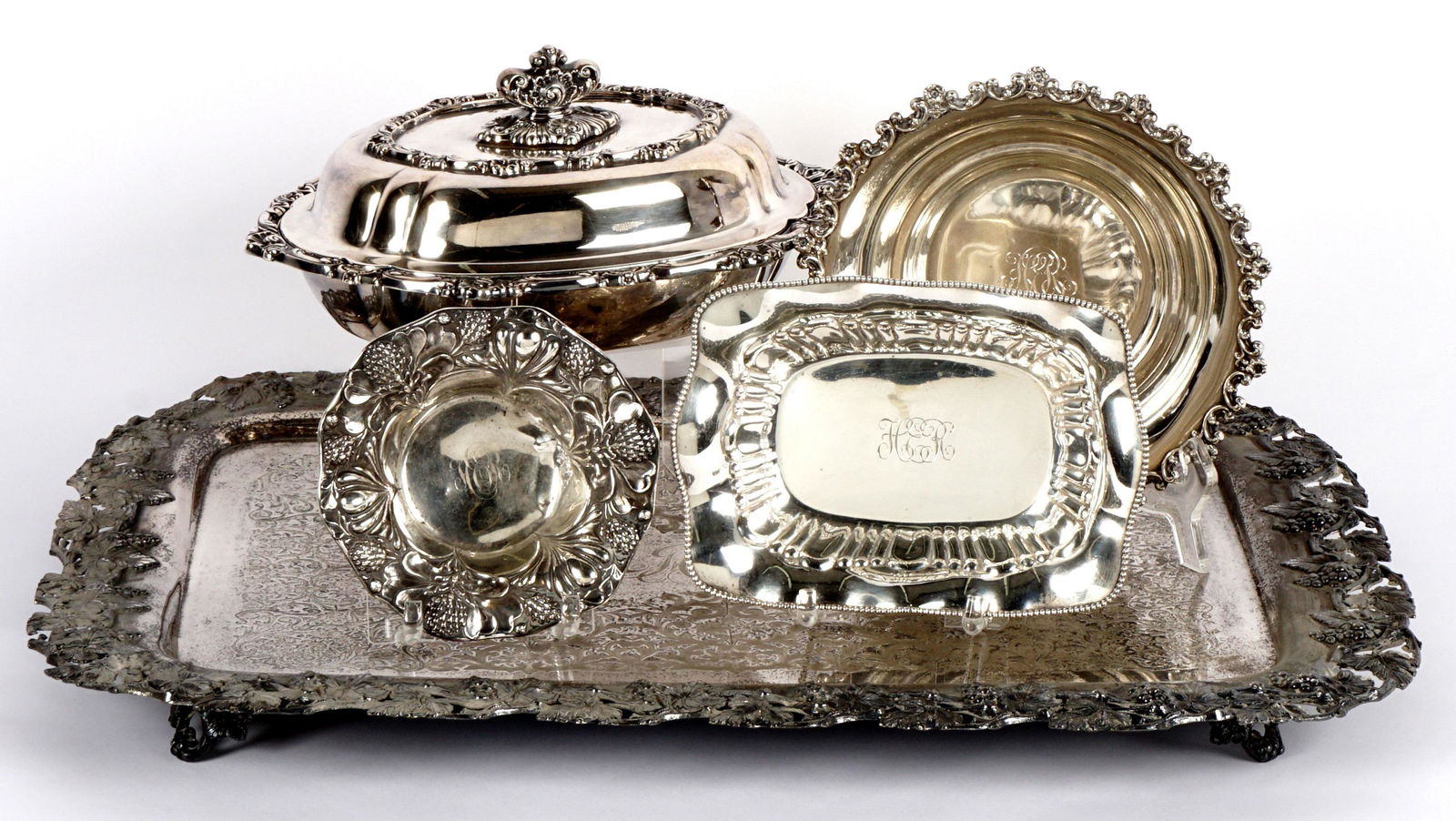 Rockefeller Estate Collection Sterling & SP Items: An assembled collection of sterling silver and silverplate items. Sterling to include 1) Towle bowl for Cowell & Hubbard Co., foliate rim, monogrammed, 1.75" h. x 8". 2) Duhme nut dish, embossed thist