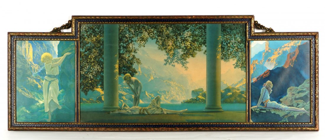 Larch Framed Maxfield Parrish Triptych: PARRISH, Maxfield (American, 1870-1966): Large triptych, center panel "Daybreak" lithograph, sight size 17.5" x 29.5". Bordered on either side by maidens in landscape chromolithographs, overall framed
