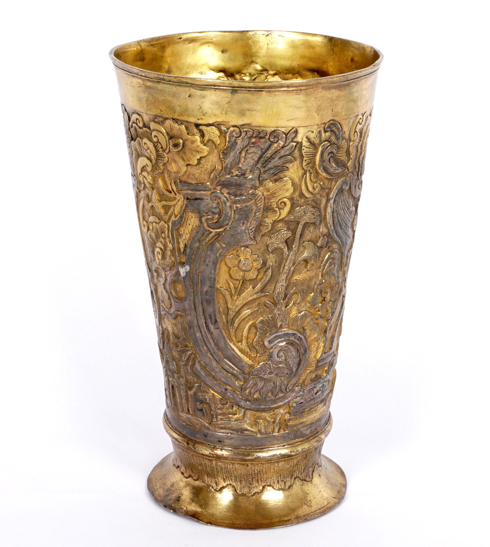 Rockefeller Estate 18th C. Russian Silver Chalice: Reputedly deassessed by the San Antonio Museum, embossed foliate scroll motifs with vermeil gold wash accents, marked on base with 1759 Moscow town mark, unknown maker and assayer. Measures 7.75" h. x