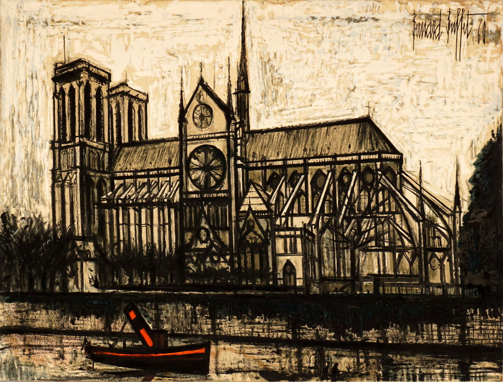 Rockefeller Estate B. Buffet Notre Dame Tapestry: after BUFFET, Bernard, (French, 1928-1999): Notre Dame from the river, Screenprint/Canvas, signed in the print and dated '60, 38" x 50.75", unframed. From the Elisabeth Rockefeller Bowler Estate, grea