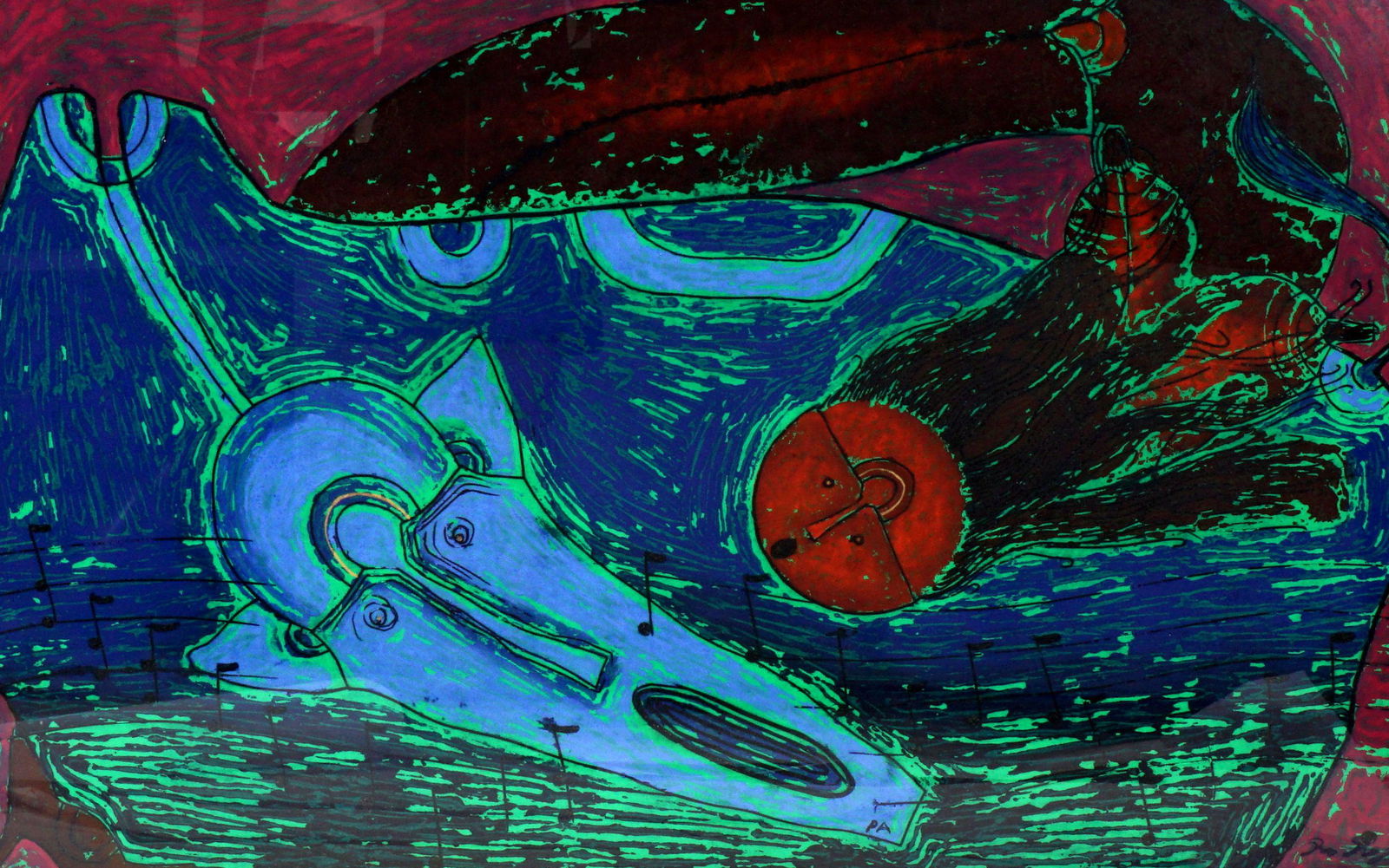 Rolando Rojas Untitled Mixed Media Painting: ROJAS, Rolando, (Mexican, (20th/21st Century): Untitled abstract with two stylized figure, Oil/Sand/Board, signed lower right, sight size 31" x 46.75", framed 40.5" x 56.25".