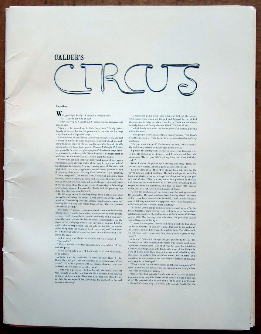 After Alexander Calder "Calder: after CALDER, Alexander, American, (1898-1976): "Calder's Circus", folia of 13 out of 16 offset lithographs, preface by Joan Miro, largest print measures 17.25" x 13.25".