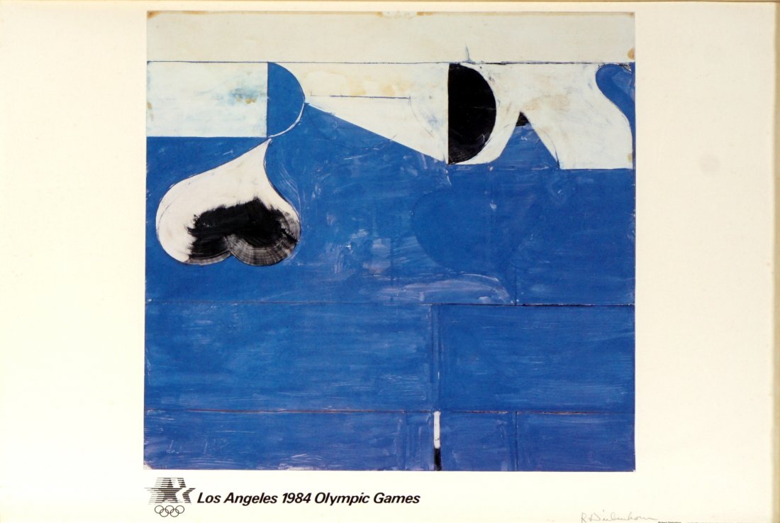 Richard Diebenkorn 1984 Signed Olympic Poster: DIEBENKORN, Richard, (American, 1922-1993): Poster for the 1984 Summer Olympics in Los Angeles, pencil signed lower right, poster size 24" x 36, framed 24.5" x 36.5". Condition: Wrinkling, toning.