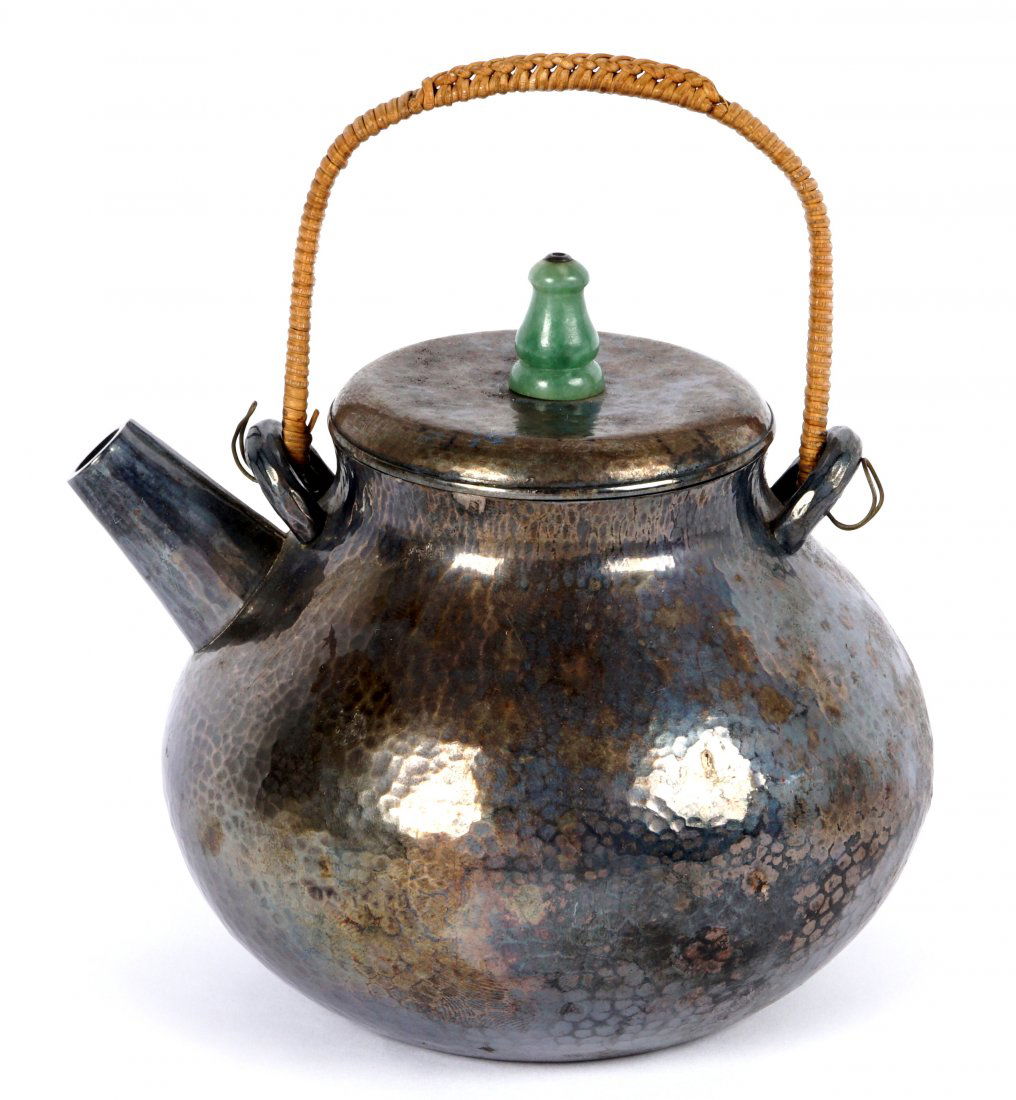 Chinese Export Silver Teapot with Jade Finial: Diminutive Chinese silver teapot, lid with turned jade finial, wicker handle, stamp marks inside lid. Excluding handle 4" h. x 4.5". Approx. 5.9 troy oz.