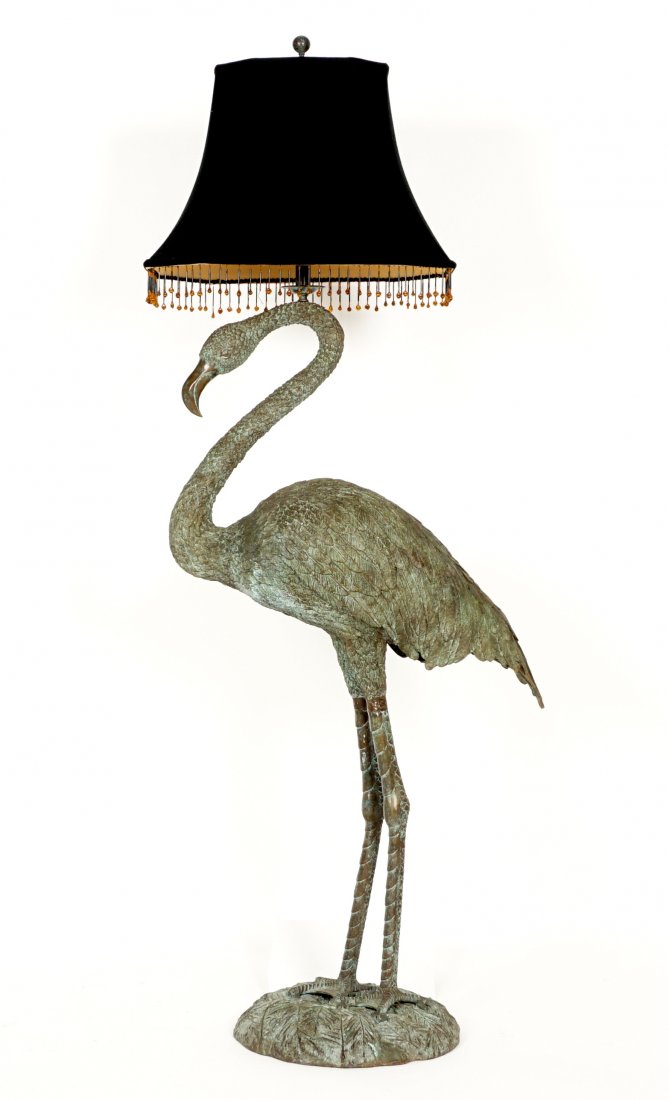 Life Size Bronze Flamingo Floor Lamp: Bronze figural flamingo standing on grass, single socket fixture, sold with a silk shade. Measures 66.75" h. to top of finial x 27" x 15".