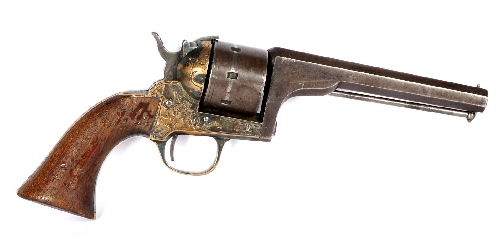 Engraved Moore's Patent Single Action Revolver: Circa 1861, serial number 6572, .32 caliber 4.75" octagonal barrel marked "Manfd for Smith & Wesson by Moore's Pat. Fire Arms CO.", 6 shot cylinder, foliate scroll engraving on frame, starburst under