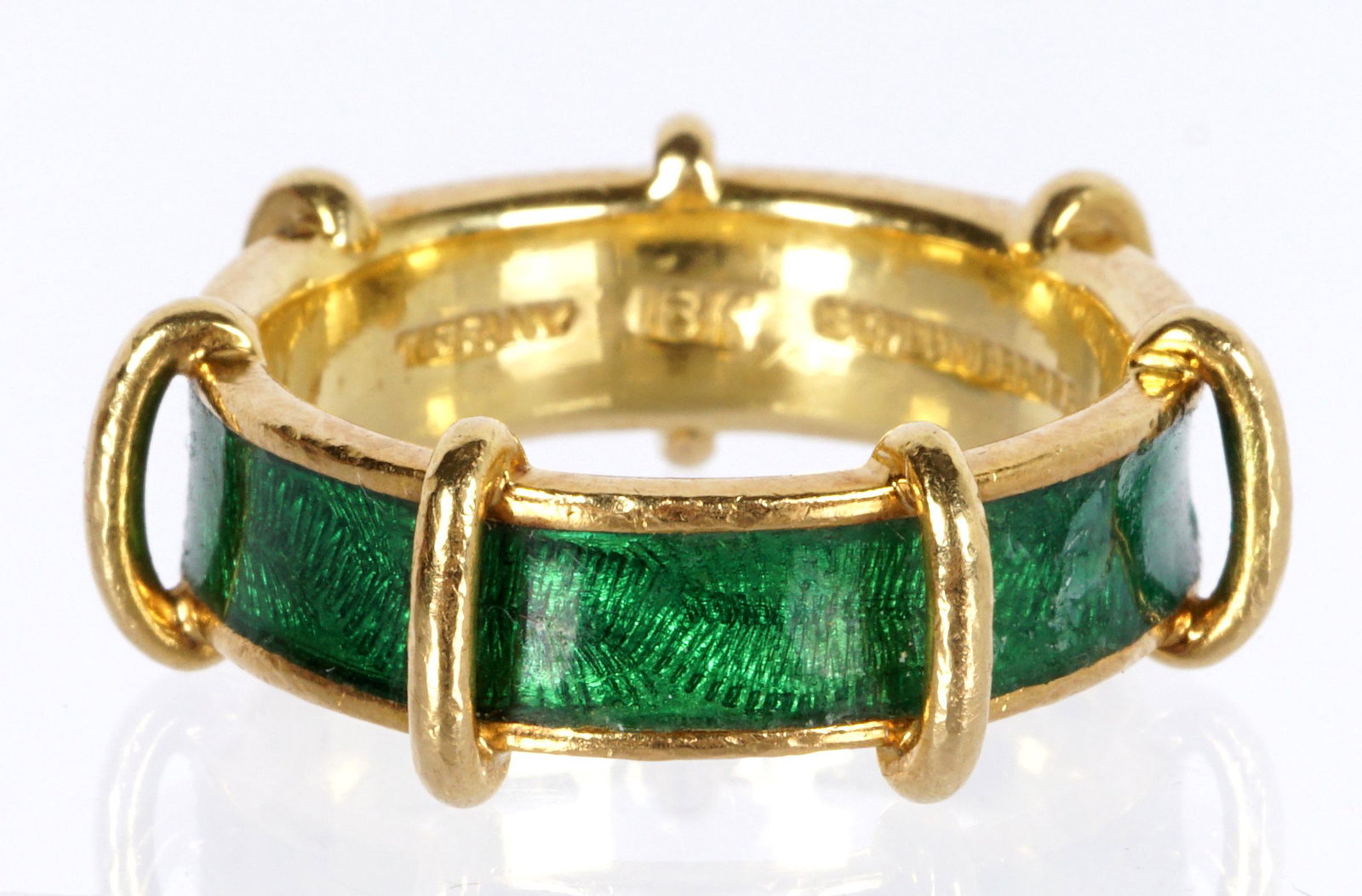 Schlumberger for Tiffany 18k Gold and Enamel Ring: 18k gold ring, Schlumberger for Tiffany & Co., green guilloche enamel, well marked, approx. 7 grams, size 6.5.