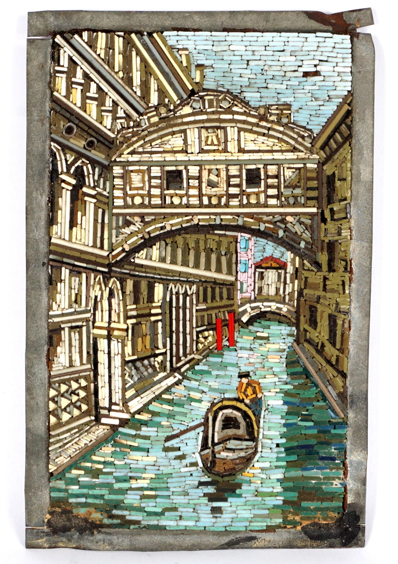 Late 19th Century Venetian Canal Micro Mosaic: Depicting a canal scene with gondola and building, unsigned, overall 5.75" x 3.5". Condition: Loss to lower corners.