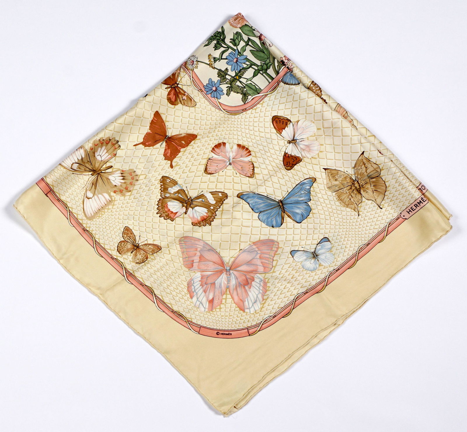 Hermes Caty Latham Butterfly Farando Silk Scarf: Designed by Caty Latham for Hermes, signed printed silk scarf with butterfly motif, cream, pink and brown primary colors, 35" x 35". Overall excellent.