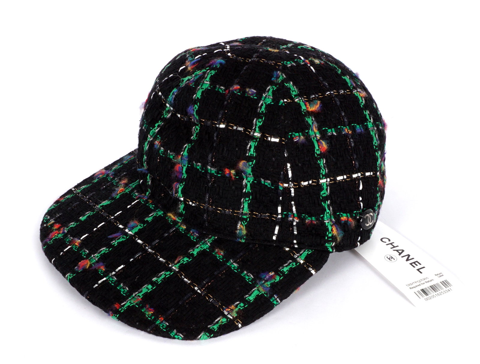 Chanel Boucle Baseball Cap / Hat: Black with green, pink, silver, and blue stripe boucle baseball cap, new in box with original Bloomingdales price tag for $825 attached. Sold with original box.