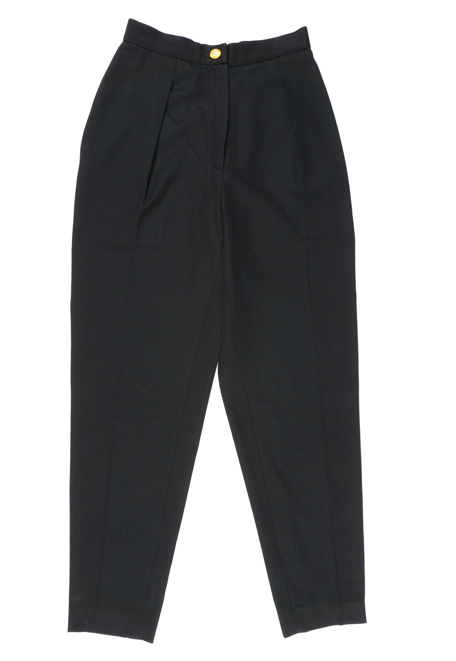 Chanel Black Wool Trousers: 100% black wool pants / trousers, gold toned logo button, size 38, overall length 41.75". Overall conditions excellent.