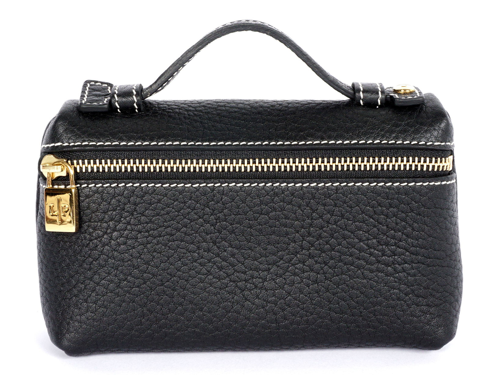 Loro Piana Black Leather Clutch Bag: Black leather clutch with brass zipper and hardware. 3.75" h. x 7.75" x 2". Sold with the original box.