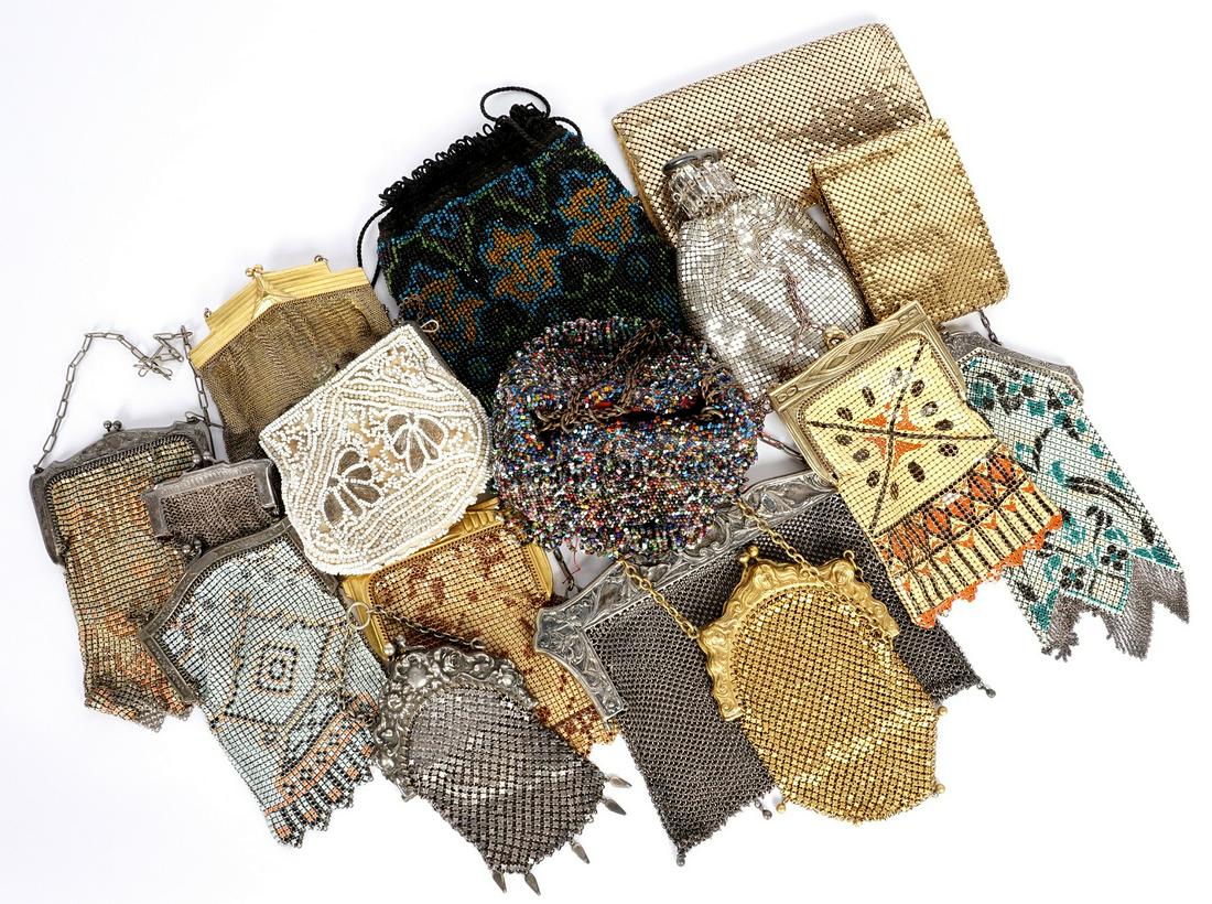 Collection of 16 Hand Beaded and Mesh Purses: An assembled collection of Vintage purses and wallets to include 3 hand beaded 13 metal mesh. Largest mesh measures 7" x 8".