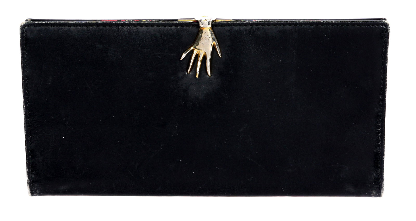 Vintage Gucci Black Leather Wallet: 1970's era, black leather with hand closure one side with paisley interior, snap closure other side. Marked Gucci, 3.5" x 6.5". Condition: Abrasions to sides, wear.