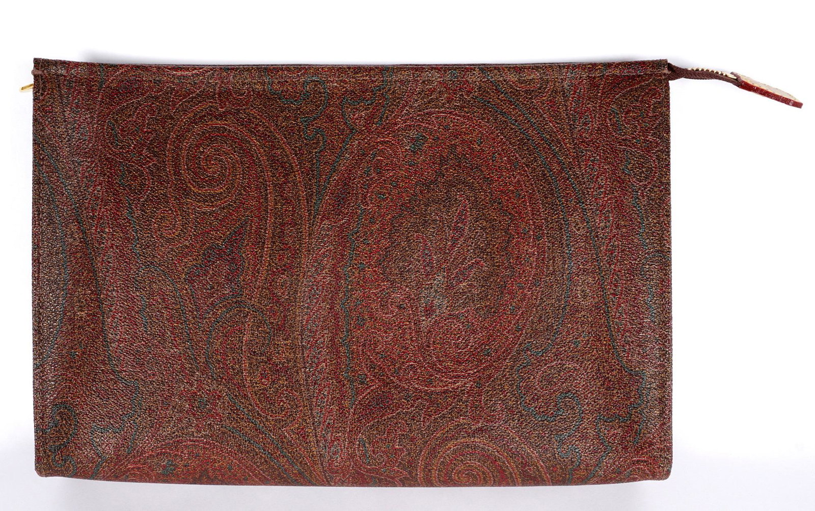 Etro Leather Trimmed Paisley Hand Bag: Paisley design leather trimmed handbag / clutch, zippered top, like new with dust jacket and in original box. Bag measures 8" x 11.75"
