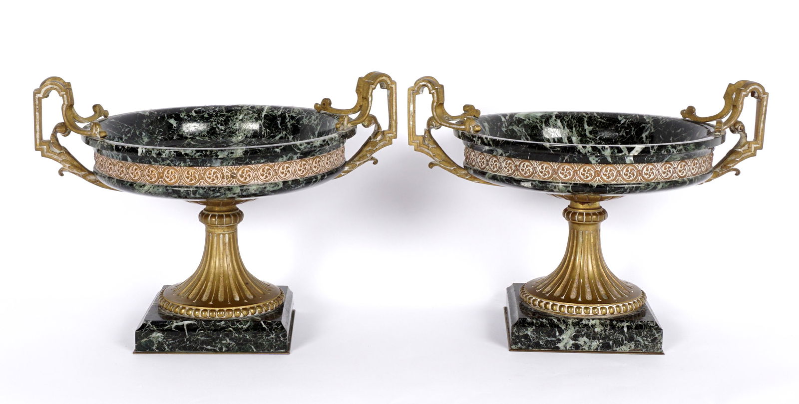 Pair French Bronze Mounted Marble Tazzas: Pair 19th Century green and black variegated marble tazzas, bronze handles, center medallion, and pedestal. On marble and bronze base, stamped 587, A. G., overall 8.5" h. x 12".