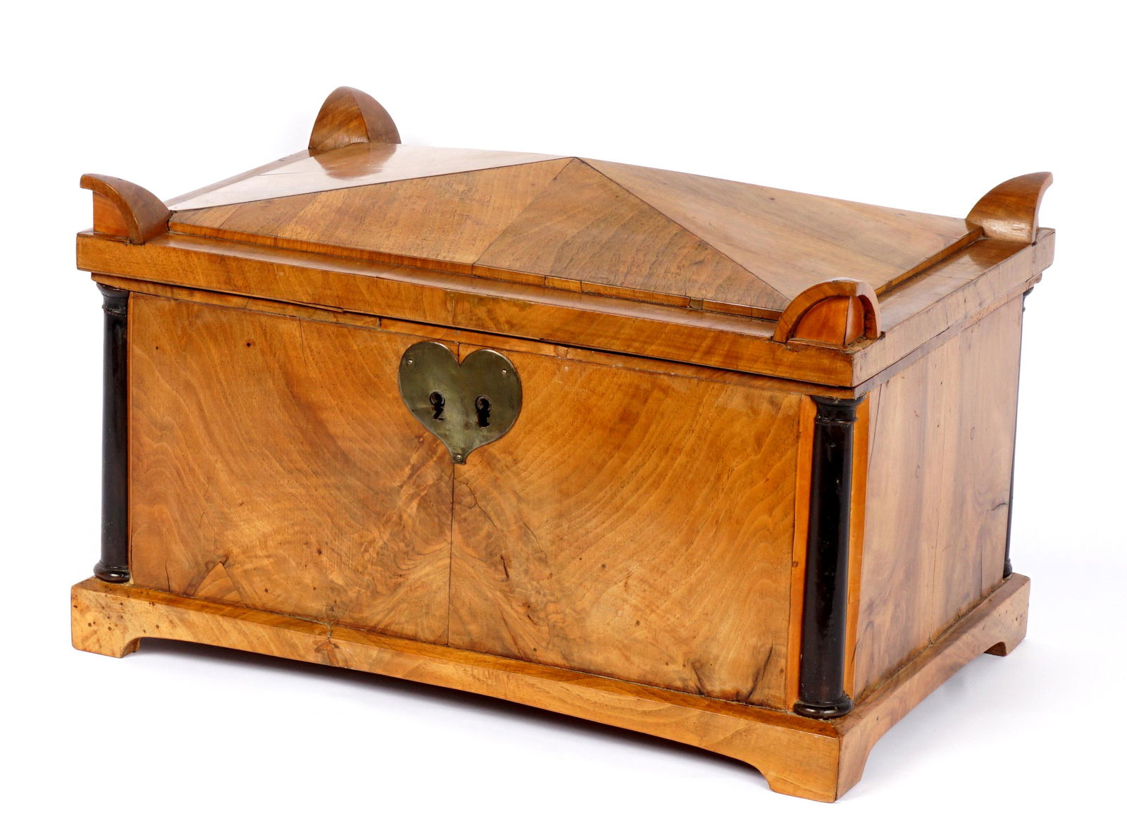 Miniature Biedermeier Blanket Chest: 19th Century, lift top with applied finials at each corner, case with half column supports at canted corners, on four feet, brass heart shaped escutcheon . Blue painted interior, internal storage box.