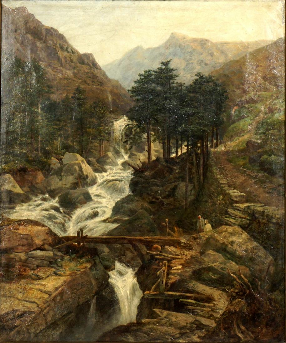 Exhibited Joseph Paul Pettitt English Landscape: PETTITT, Joseph Paul, (English, 1812-1882): English countryside with water mill, stream, and figures, Oil/Canvas, signed lower left, older label verso reads "Exhibited Colwyn Bay, 1899", 30" h .x 25.2