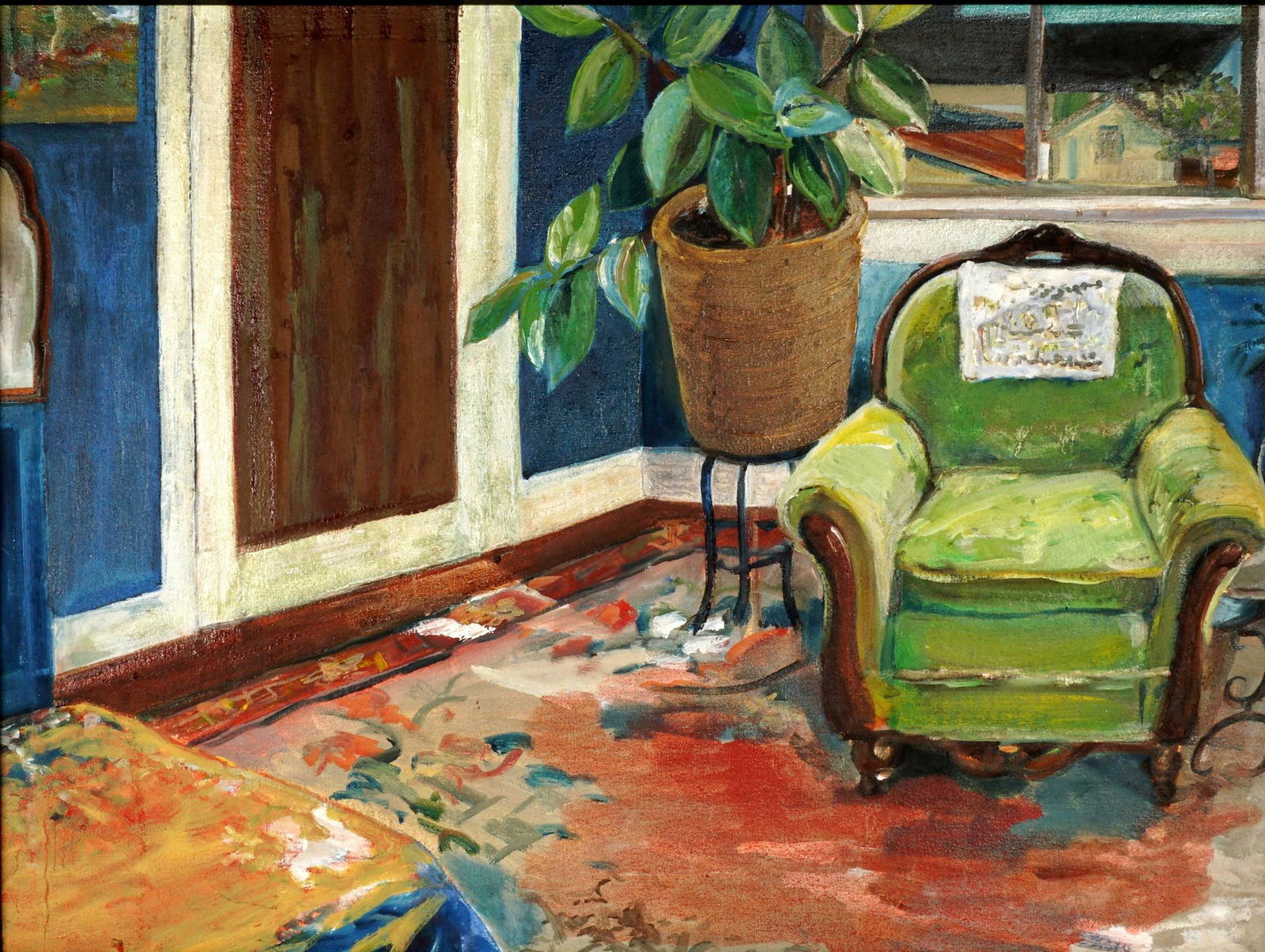 Early Hunt Slonem Interior Genre Painting: SLONEM, R. Hunt, (American, 1951-): Interior genre scene with chair, Oil/Canvas, pencil signed verso, 18" x 24", framed 19.5" x 25.5". Sold with postcard from the 1979 exhibit were it was purchased.
