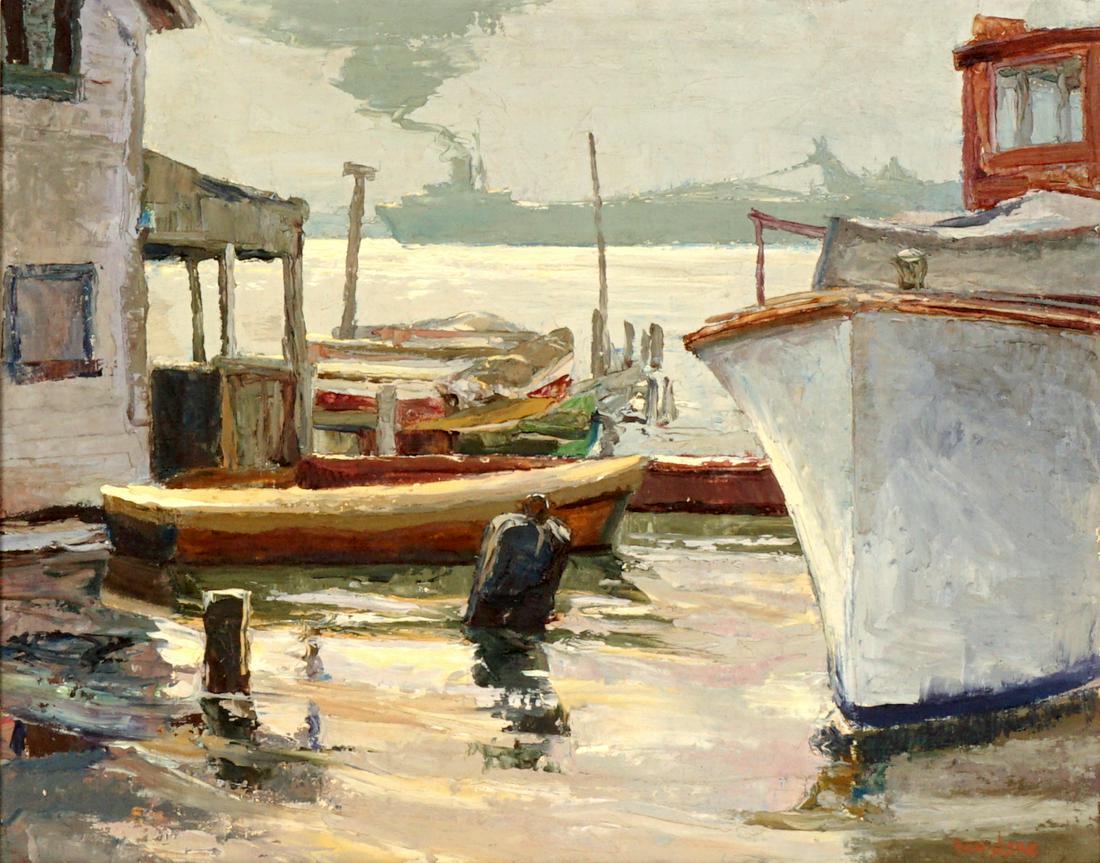 Ken Gore Rockport Harbor Painting: GORE, Ken, (American, 1911-1990): Rockport Harbor with boats, Oil/Board, signed lower right, 16" h. x 20", framed 23" x 27.5". Condition Wear to frame.