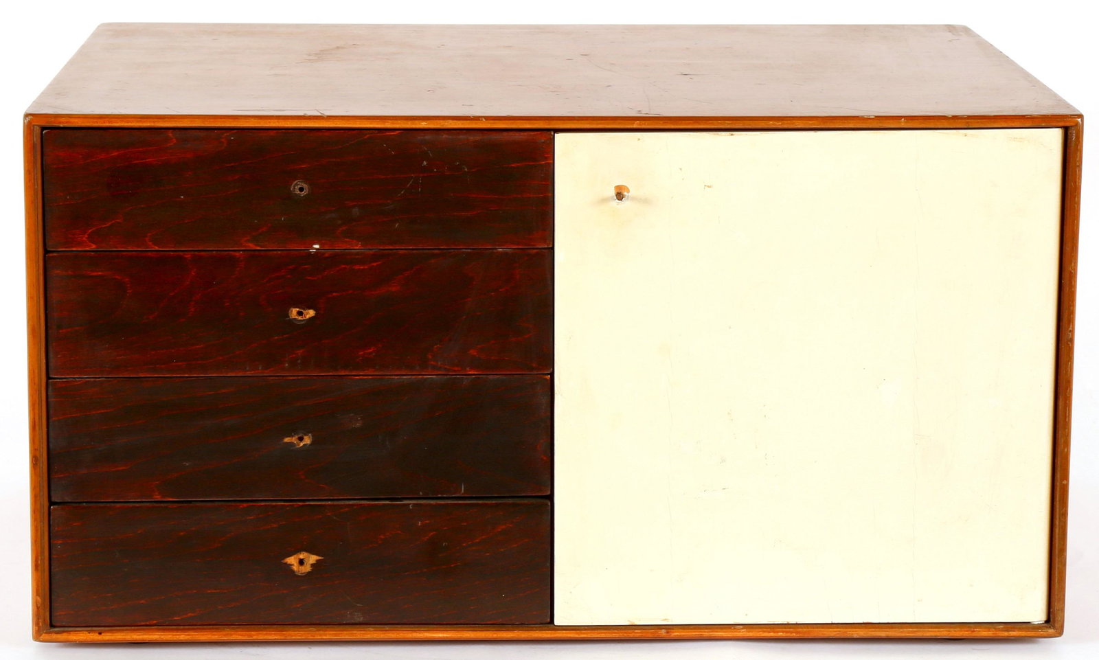 George Nelson Herman Miller Miniature Chest 5211: Thin edge miniature cabinet or chest designed by George Nelson for Herman Miller model 5211 from the Thin Edge series. Teak case, four walnut drawers, laminated white door brass feet. Overall measures